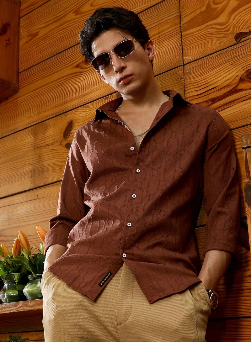Campus Sutra Campus Sutra Men's Chocolate Brown Indie-Geometric Jacquard Shirt | Spread Collar , Long  Cuffed Sleeves , Button Closure | Solid Dobby | Cotton-Blend Shirt For Casual Wear