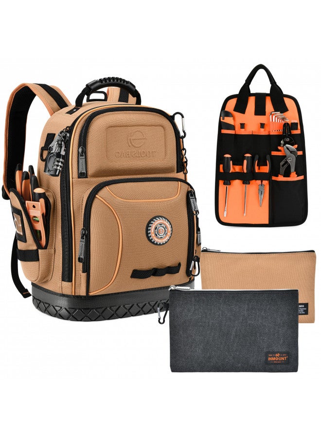 LOKASS Tool Bag Backpack with 2 Canvas Tool Pouch Tool Kit, 75 Pockets & Loops Heavy Duty Tools Organizer/HVAC Tool Carrier for Eelectrician/Construction Work with Molded Base and Combination Lock, Brown  - Image 1