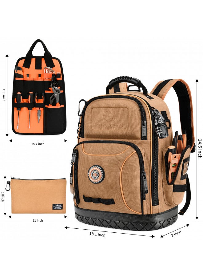 LOKASS Tool Bag Backpack with 2 Canvas Tool Pouch Tool Kit, 75 Pockets & Loops Heavy Duty Tools Organizer/HVAC Tool Carrier for Eelectrician/Construction Work with Molded Base and Combination Lock, Brown  - Image 4