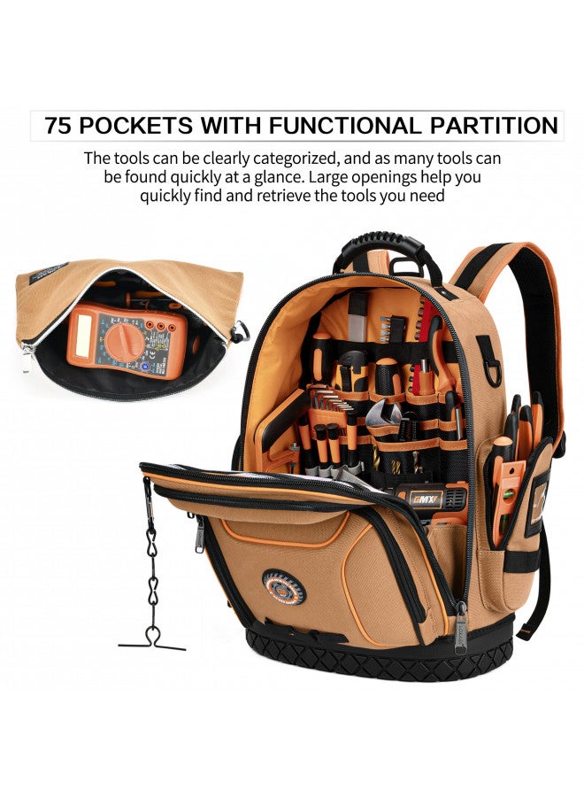 LOKASS Tool Bag Backpack with 2 Canvas Tool Pouch Tool Kit, 75 Pockets & Loops Heavy Duty Tools Organizer/HVAC Tool Carrier for Eelectrician/Construction Work with Molded Base and Combination Lock, Brown  - Image 2