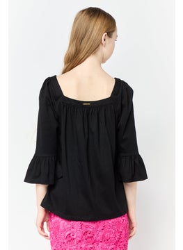 Michael Kors Women Square Neck Elbow Sleeve Plain Blouse, Black  - Image 4