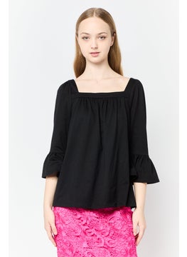 Michael Kors Women Square Neck Elbow Sleeve Plain Blouse, Black  - Image 1