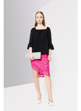 Michael Kors Women Square Neck Elbow Sleeve Plain Blouse, Black  - Image 3
