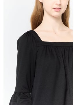 Michael Kors Women Square Neck Elbow Sleeve Plain Blouse, Black  - Image 2
