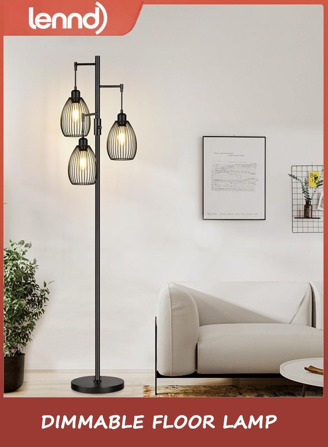 LENND Dimmable Floor Lamp, 3 x 800LM LED Edison Bulbs Included, Farmhouse Industrial Floor Lamp Standing Tree Lamp with Elegant Teardrop Cage Tall Lamps for Living Room Bedroom Office Dining Room-Black - Image 1