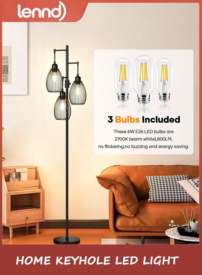 LENND Dimmable Floor Lamp, 3 x 800LM LED Edison Bulbs Included, Farmhouse Industrial Floor Lamp Standing Tree Lamp with Elegant Teardrop Cage Tall Lamps for Living Room Bedroom Office Dining Room-Black - Image 4