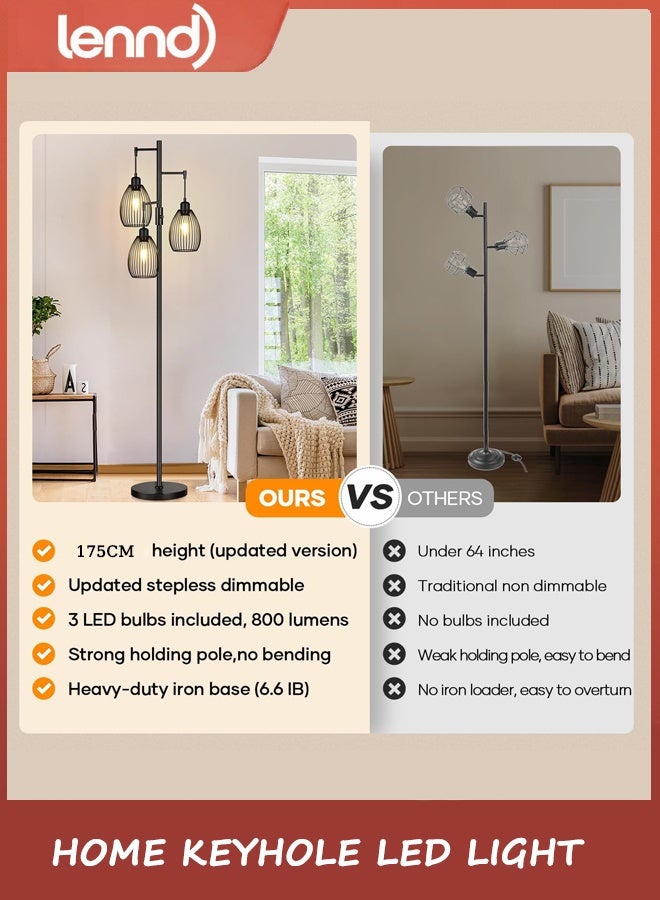 LENND Dimmable Floor Lamp, 3 x 800LM LED Edison Bulbs Included, Farmhouse Industrial Floor Lamp Standing Tree Lamp with Elegant Teardrop Cage Tall Lamps for Living Room Bedroom Office Dining Room-Black - Image 2