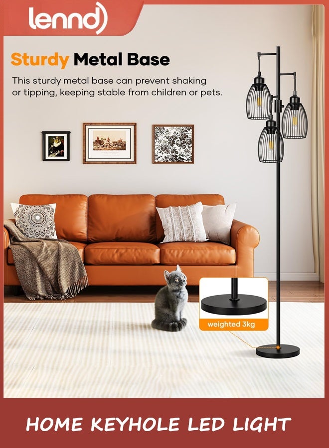 LENND Dimmable Floor Lamp, 3 x 800LM LED Edison Bulbs Included, Farmhouse Industrial Floor Lamp Standing Tree Lamp with Elegant Teardrop Cage Tall Lamps for Living Room Bedroom Office Dining Room-Black - Image 5