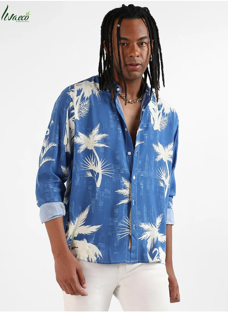 كامبوس سوترا Men's EcoLiva Cobalt Blue Palm Tree Shirt