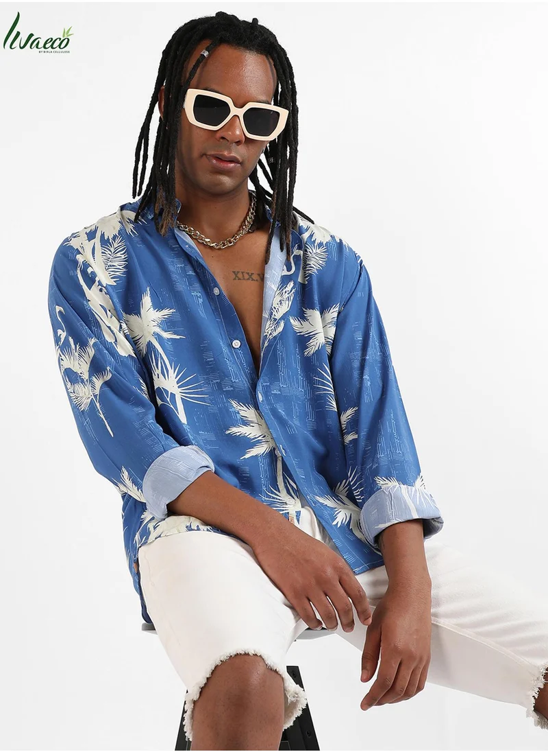 كامبوس سوترا Men's EcoLiva Cobalt Blue Palm Tree Shirt