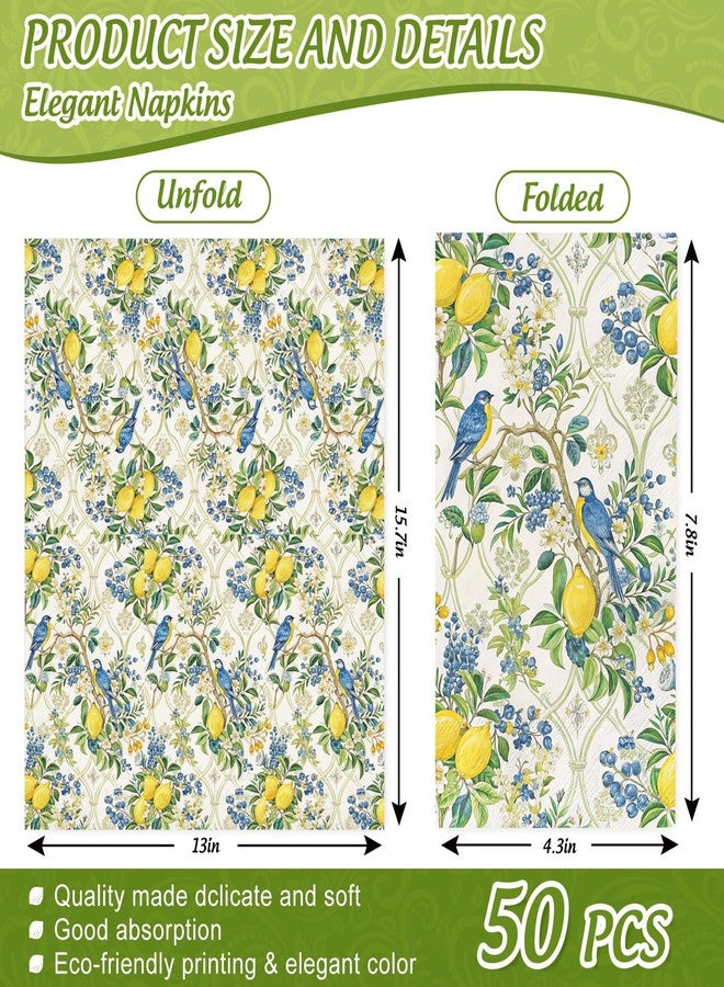 JarThenaAMCS 50Pcs Bird on Lemon Tree Guest Napkin Blue Berry Floral Disposable Paper Dinner Hand Napkin for Spring Summer Bathroom Supplies - Image 2