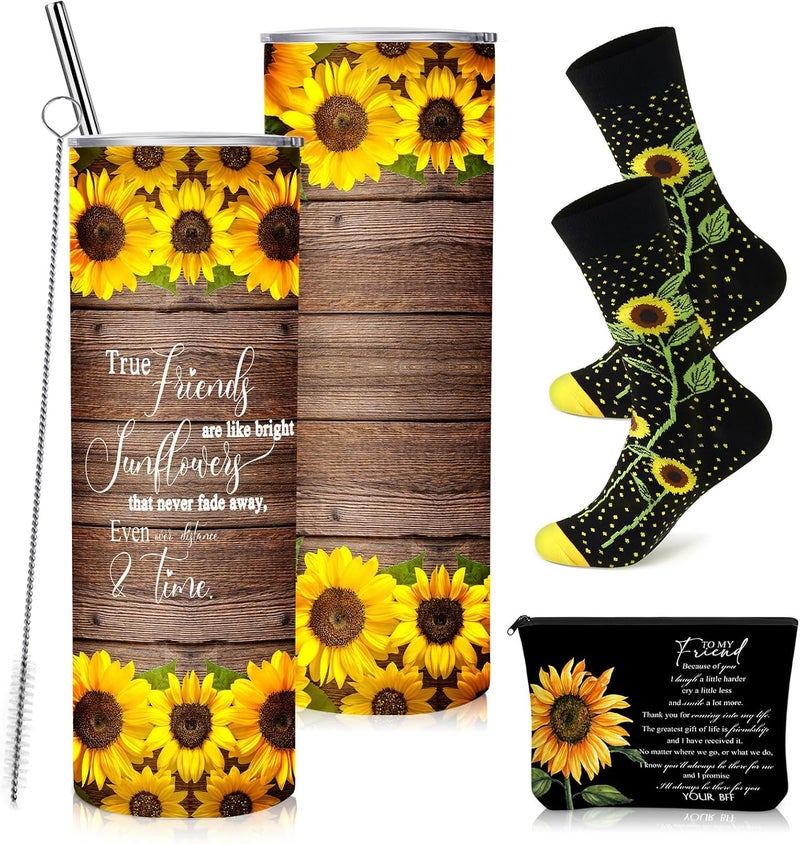 Sieral Sieral 3 Pcs Sunflower Gifts for Women Sunflower Tumbler Cup Sunflower Makeup Bag and Sunflower Crew Socks Gift for Mom for Graduation Mother's Day Back to School Teacher Supplies