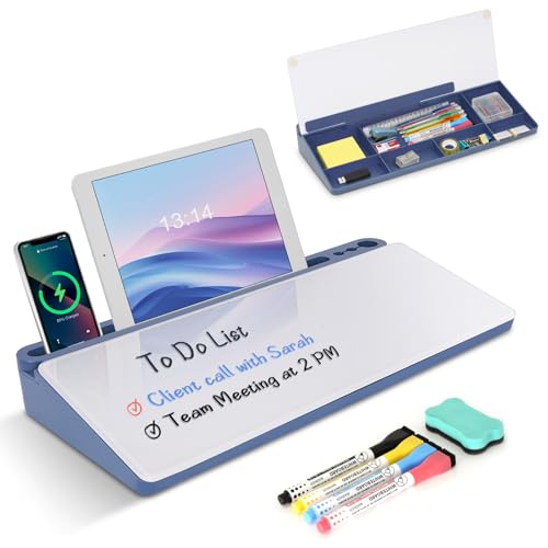 WALGLASS Glass Desktop Whiteboard with Storage, Desk White Board with Computer Keyboard Stand,White Dry Erase Board with Drawers for Home,School,Office - Blue - Image 1