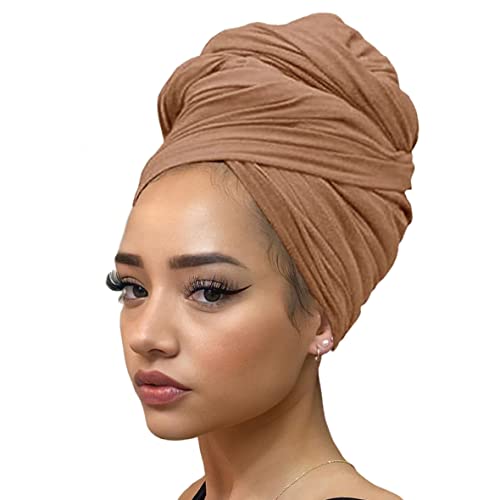 Kachanaa African Turban Head Wraps Jersey Stretch Hair Scarf Long Shawls Solid Color Soft Lightweight Head Bands Tie for Black Women(Camel) - Image 1