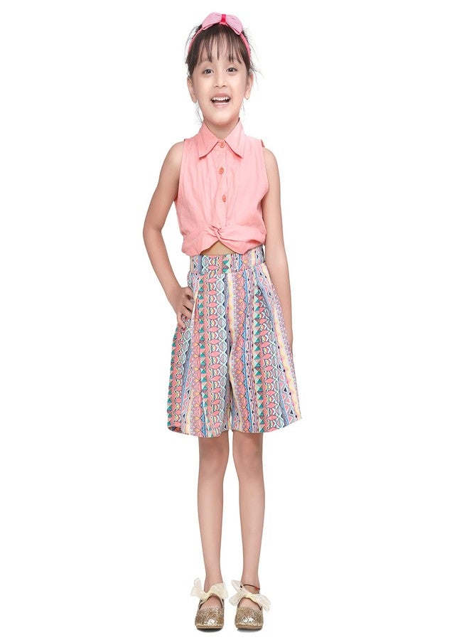 LILPICKS Girls' Cotton Boho Print Knot Style Flared Short Jumpsuit (Pink, 10-12Y) - Image 1