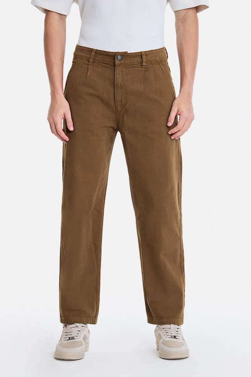 SNITCH Brown Brown Solid Wide Leg Streetwear Jeans for Men | Best Price UAE