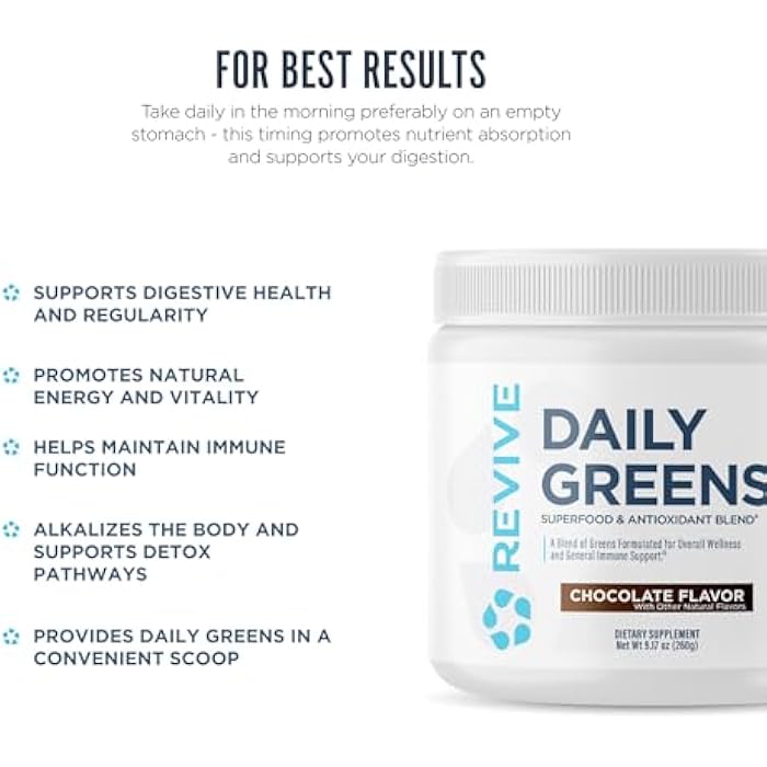 Revive MD Daily Greens Powder, Chocolate – Superfood & Antioxidant Blend for Energy, Gut Health & Immunity – Greens Supplement with Vitamins, Minerals, Digestive Enzymes & Probiotics (20 Servings) - Image 5