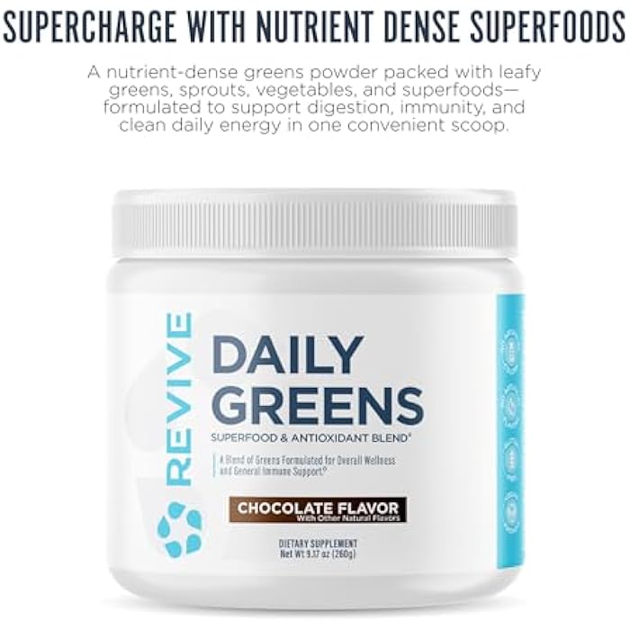 Revive MD Daily Greens Powder, Chocolate – Superfood & Antioxidant Blend for Energy, Gut Health & Immunity – Greens Supplement with Vitamins, Minerals, Digestive Enzymes & Probiotics (20 Servings) - Image 3