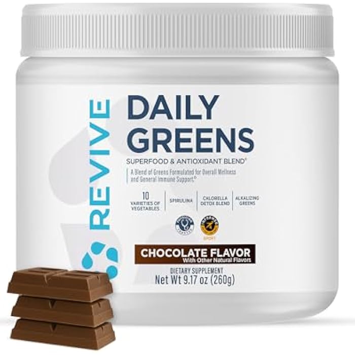 Revive MD Daily Greens Powder, Chocolate – Superfood & Antioxidant Blend for Energy, Gut Health & Immunity – Greens Supplement with Vitamins, Minerals, Digestive Enzymes & Probiotics (20 Servings) - Image 1