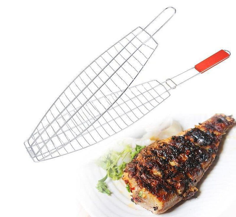 GTC® Non Stick BBQ Barbecue Grill Pan Basket with Wooden Handle (BBQ 169) 67x15x2 CM - Image 1