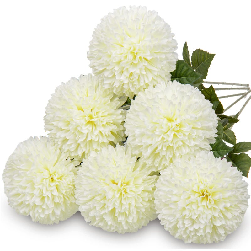 Briful Autumn Artificial Chrysanthemums Ball Flowers 4 Large Heads Mums Stems Cream White Fake Hydrangea Flowers Bridal Wedding Bouquet for Home Garden Party Wedding Fall Decoration Set of 6