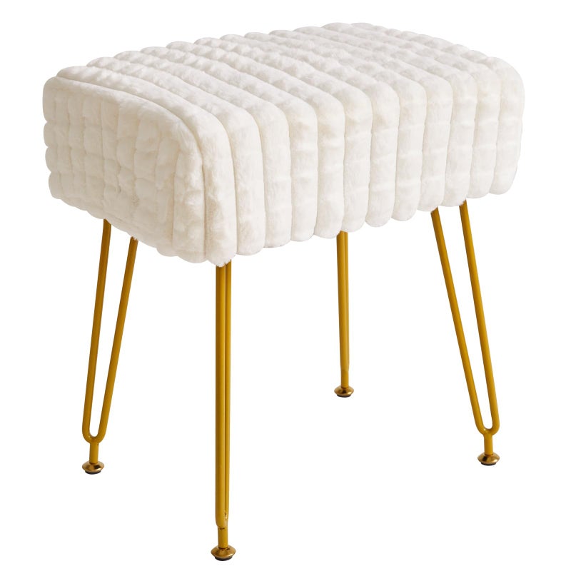 IBUYKE Rectangular Footrest Stool Ottoman, Makeup Vanity Stool Side Table, Velvet Dressing Table Seat, Footstool Chair, Golden Steel Legs, for Makeup Room, Bedroom, Square Grid Pattern, White WBD003W - Image 1