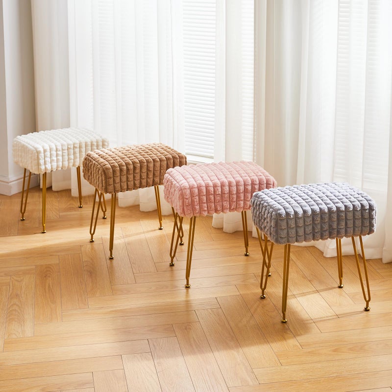 IBUYKE Rectangular Footrest Stool Ottoman, Makeup Vanity Stool Side Table, Velvet Dressing Table Seat, Footstool Chair, Golden Steel Legs, for Makeup Room, Bedroom, Square Grid Pattern, White WBD003W - Image 5