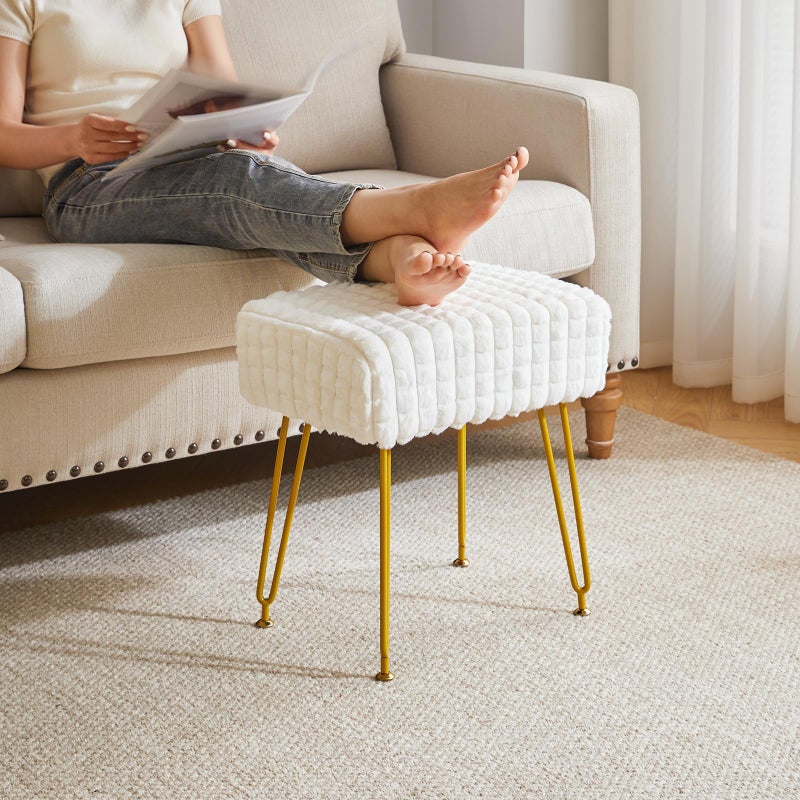 IBUYKE Rectangular Footrest Stool Ottoman, Makeup Vanity Stool Side Table, Velvet Dressing Table Seat, Footstool Chair, Golden Steel Legs, for Makeup Room, Bedroom, Square Grid Pattern, White WBD003W - Image 4