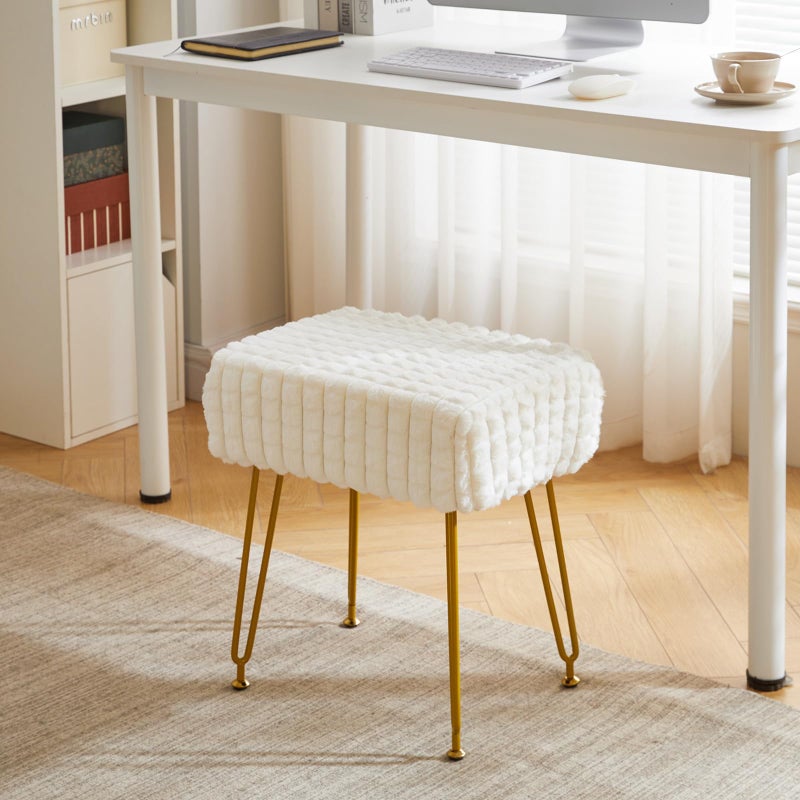 IBUYKE Rectangular Footrest Stool Ottoman, Makeup Vanity Stool Side Table, Velvet Dressing Table Seat, Footstool Chair, Golden Steel Legs, for Makeup Room, Bedroom, Square Grid Pattern, White WBD003W - Image 2
