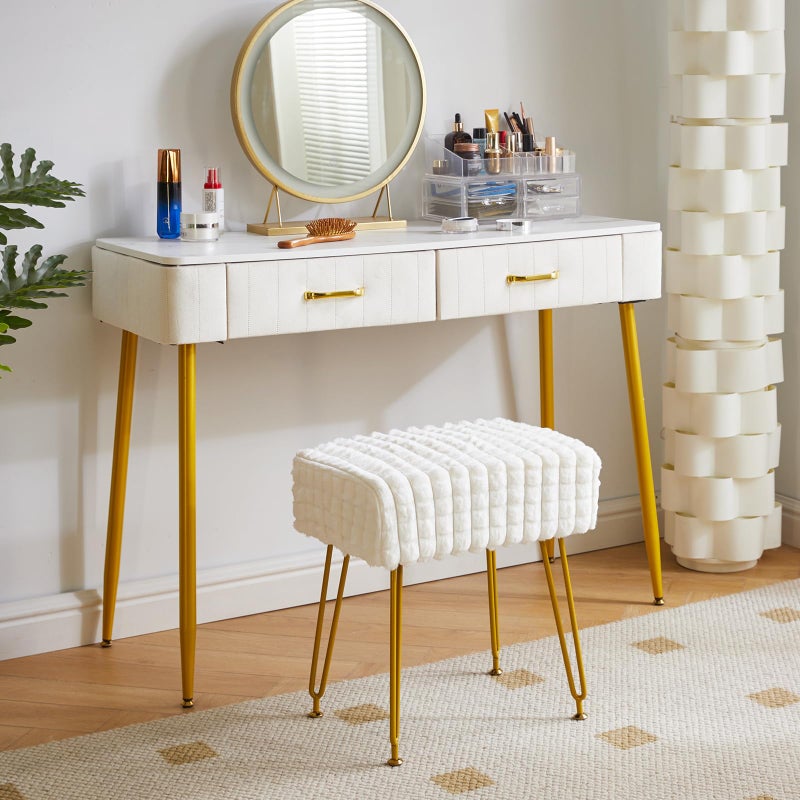 IBUYKE Rectangular Footrest Stool Ottoman, Makeup Vanity Stool Side Table, Velvet Dressing Table Seat, Footstool Chair, Golden Steel Legs, for Makeup Room, Bedroom, Square Grid Pattern, White WBD003W - Image 3
