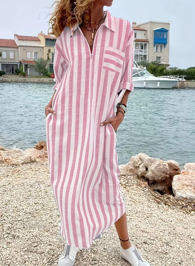 Take Two Pink Striped Long Sleeve Shirt Midi Dress