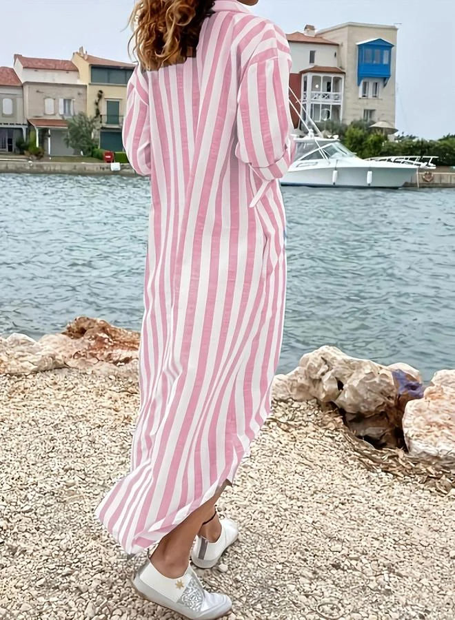 Take Two Pink Striped Long Sleeve Shirt Midi Dress