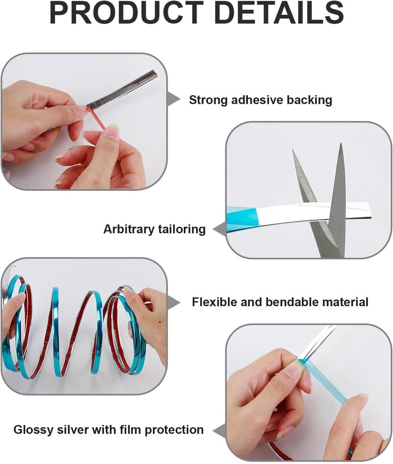 Novstuf Chrome Trim, Silver Flexible Molding Trim Self Adhesive Automotive Chrome Tape Car Chrome Trim Tape Peel and Stick Metallic Mirror Frame Edging Decorative Strip for Wall Door Furniture Car (1cm × 5m) - Image 3