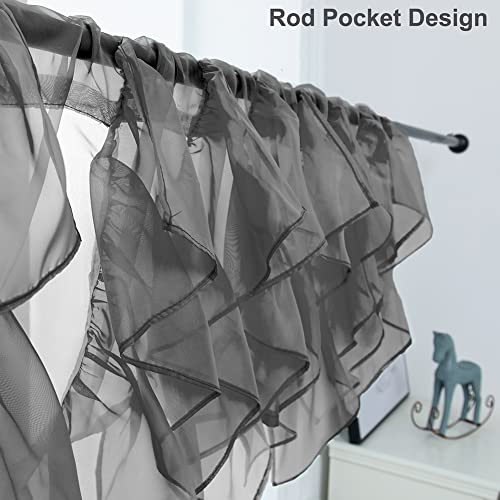 PearAge Ruffled Voile Semi Sheer Curtain Valance, Kitchen Living Room Shabby Chic Ruffle Valance Curtains, Girls Daughters Bedroom Cascade Window Valance Grey 50x16 Inches - Image 2