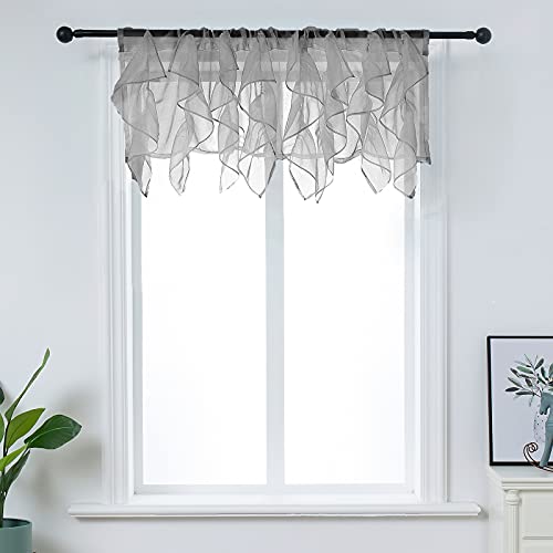 PearAge Ruffled Voile Semi Sheer Curtain Valance, Kitchen Living Room Shabby Chic Ruffle Valance Curtains, Girls Daughters Bedroom Cascade Window Valance Grey 50x16 Inches - Image 1