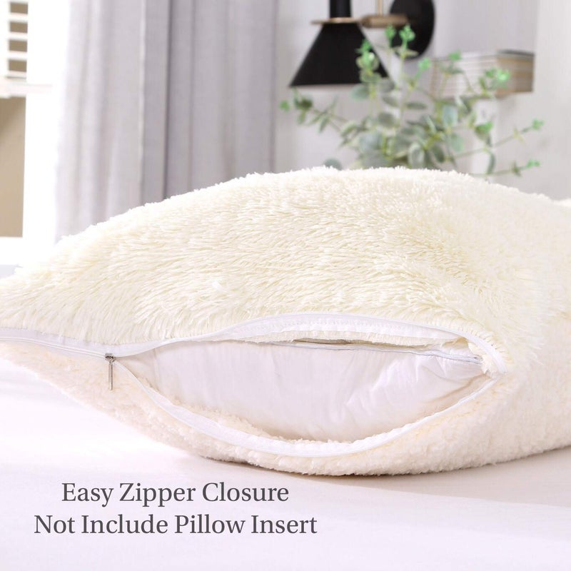MOOWOO Fluffy Pillowcase Standard Size Set of 2, Creamy White, Sherpa Shaggy Pillow Cases Decorative Covers with Zipper (Cream White) - Image 4