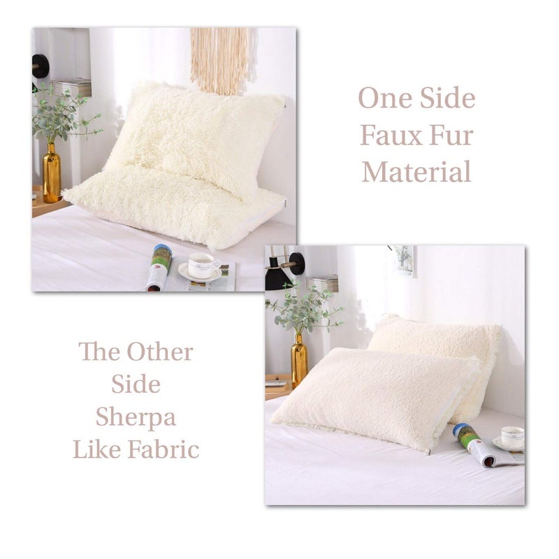 MOOWOO Fluffy Pillowcase Standard Size Set of 2, Creamy White, Sherpa Shaggy Pillow Cases Decorative Covers with Zipper (Cream White) - Image 2