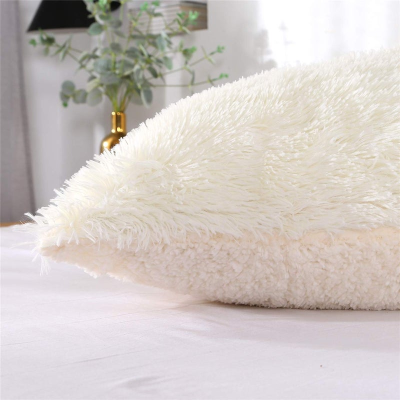 MOOWOO Fluffy Pillowcase Standard Size Set of 2, Creamy White, Sherpa Shaggy Pillow Cases Decorative Covers with Zipper (Cream White) - Image 3