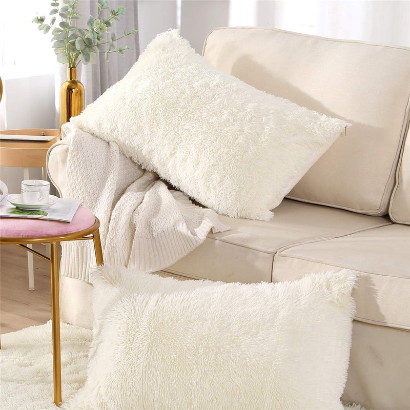 MOOWOO Fluffy Pillowcase Standard Size Set of 2, Creamy White, Sherpa Shaggy Pillow Cases Decorative Covers with Zipper (Cream White) - Image 5