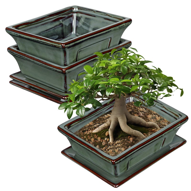 Villa Como Ceramic Bonsai Pots with Drainage Hole Set of 2, Green Glazed Bonsai Planters for Indoor/Outdoor Use, Rectangular Shallow Bonzai Tree Pot for Succulent, Orchids, Cacti, Home, Patio, Garden, 6.3"x4.9" - Image 1