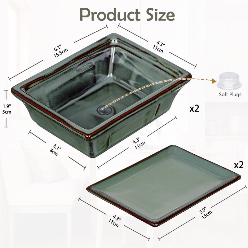 Villa Como Ceramic Bonsai Pots with Drainage Hole Set of 2, Green Glazed Bonsai Planters for Indoor/Outdoor Use, Rectangular Shallow Bonzai Tree Pot for Succulent, Orchids, Cacti, Home, Patio, Garden, 6.3"x4.9" - Image 2