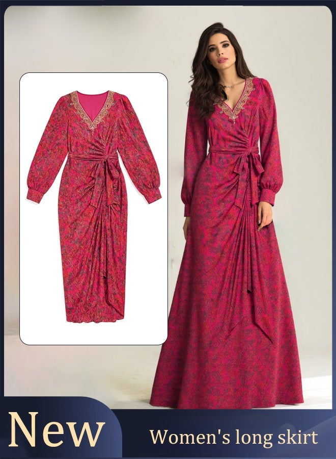 Women's dress, casual style, elegant design, waist pleat pattern, high-waisted short skirt, casual retro V-neck long dress, ankle-length dress, women's casual festive outfit (red)  - Image 1