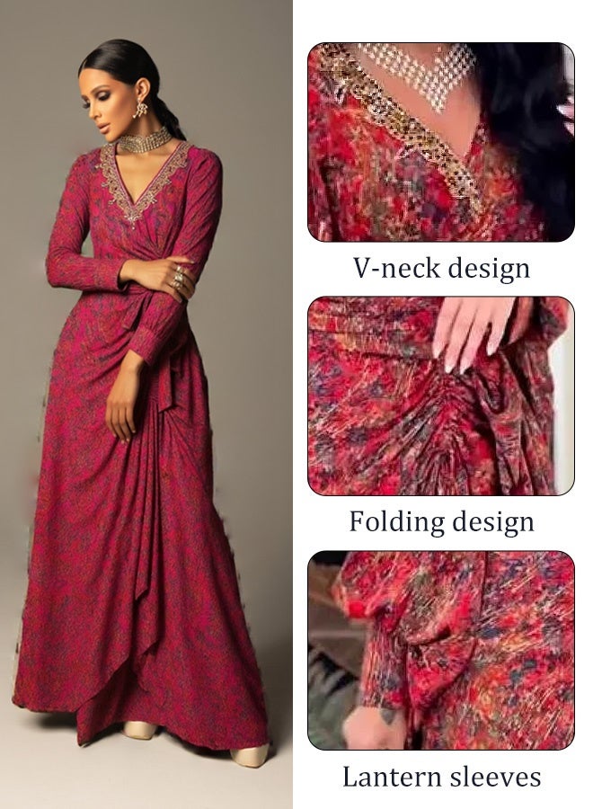 Women's dress, casual style, elegant design, waist pleat pattern, high-waisted short skirt, casual retro V-neck long dress, ankle-length dress, women's casual festive outfit (red)  - Image 2