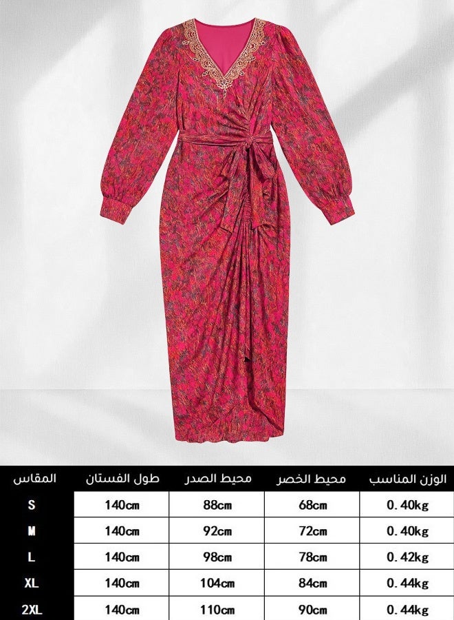 Women's dress, casual style, elegant design, waist pleat pattern, high-waisted short skirt, casual retro V-neck long dress, ankle-length dress, women's casual festive outfit (red)  - Image 5