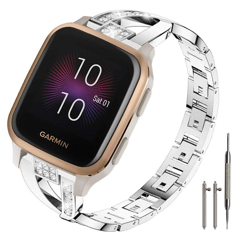 Sankel Compatible for Garmin Venu Sq 2 Music Band,Women 20mm Metal Replacement Wristband Bracelet Strap for Garmin Venu/Venu Sq/Venu Sq 2 Music,Vivomove HR,Vivoactive 3,Garmin Move Luxe/Style (Silver) - Image 1