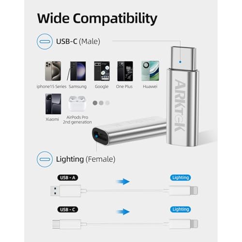 ARKTEK USB-C Adapter i OS Lightning Cable (Female) to USB Type C (Male) - Only Charging Adapter for iPhone 16 15 Series Galaxy S24/Note 20, Pixel 8 and More，Not for Audio/OTG/Data(2 Pack, Silver) - Image 4