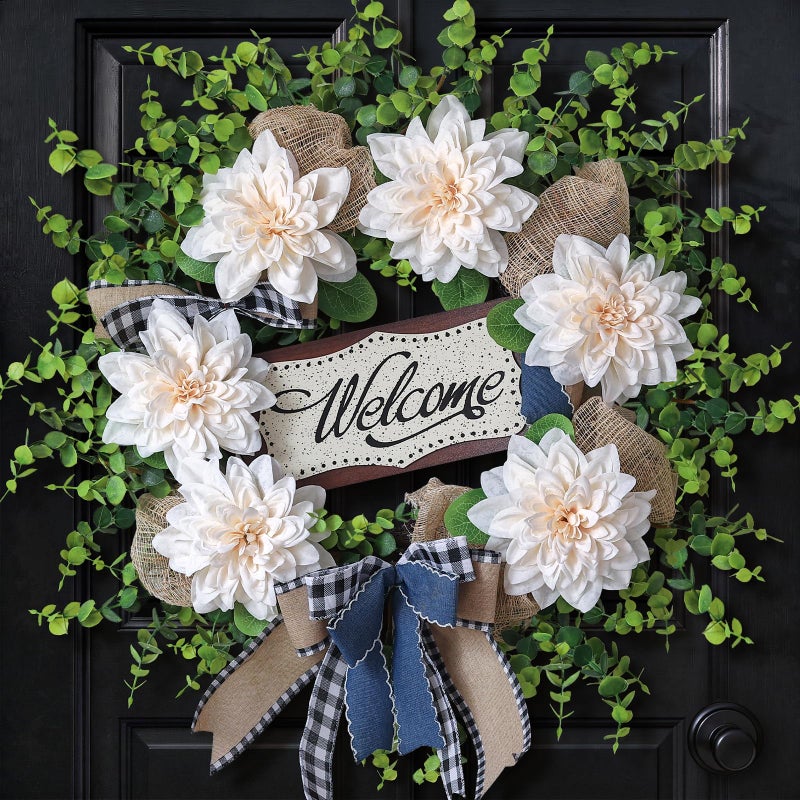 VIERENA Artificial Flowers and Eucalyptus Wreath for Front Door â€“ 24" Fake Dahlia Faux Eucalyptus with Blessed Sign, UV Resistant Greenery Plant Wreath for Home Wall Fireplace Farmhouse Decor - Image 1