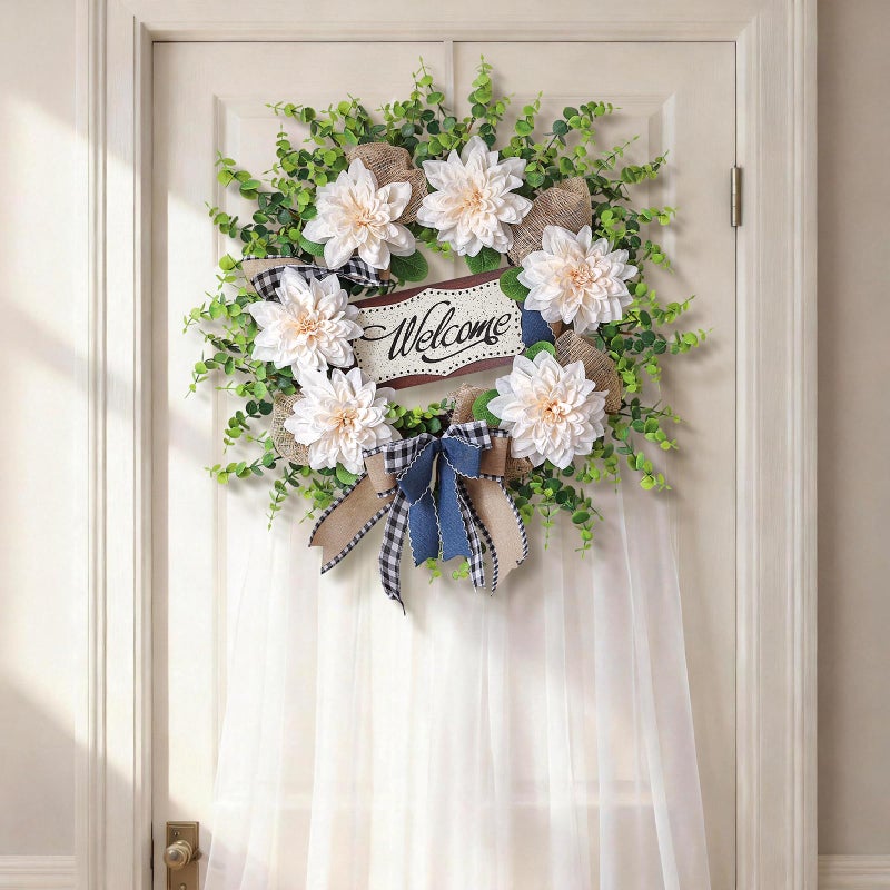 VIERENA Artificial Flowers and Eucalyptus Wreath for Front Door â€“ 24" Fake Dahlia Faux Eucalyptus with Blessed Sign, UV Resistant Greenery Plant Wreath for Home Wall Fireplace Farmhouse Decor - Image 4
