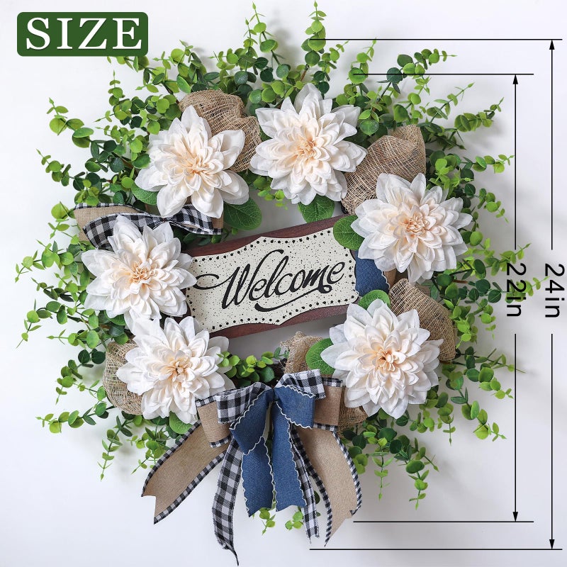 VIERENA Artificial Flowers and Eucalyptus Wreath for Front Door â€“ 24" Fake Dahlia Faux Eucalyptus with Blessed Sign, UV Resistant Greenery Plant Wreath for Home Wall Fireplace Farmhouse Decor - Image 5