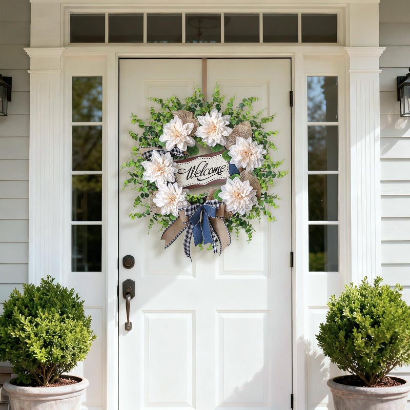 VIERENA Artificial Flowers and Eucalyptus Wreath for Front Door â€“ 24" Fake Dahlia Faux Eucalyptus with Blessed Sign, UV Resistant Greenery Plant Wreath for Home Wall Fireplace Farmhouse Decor - Image 2